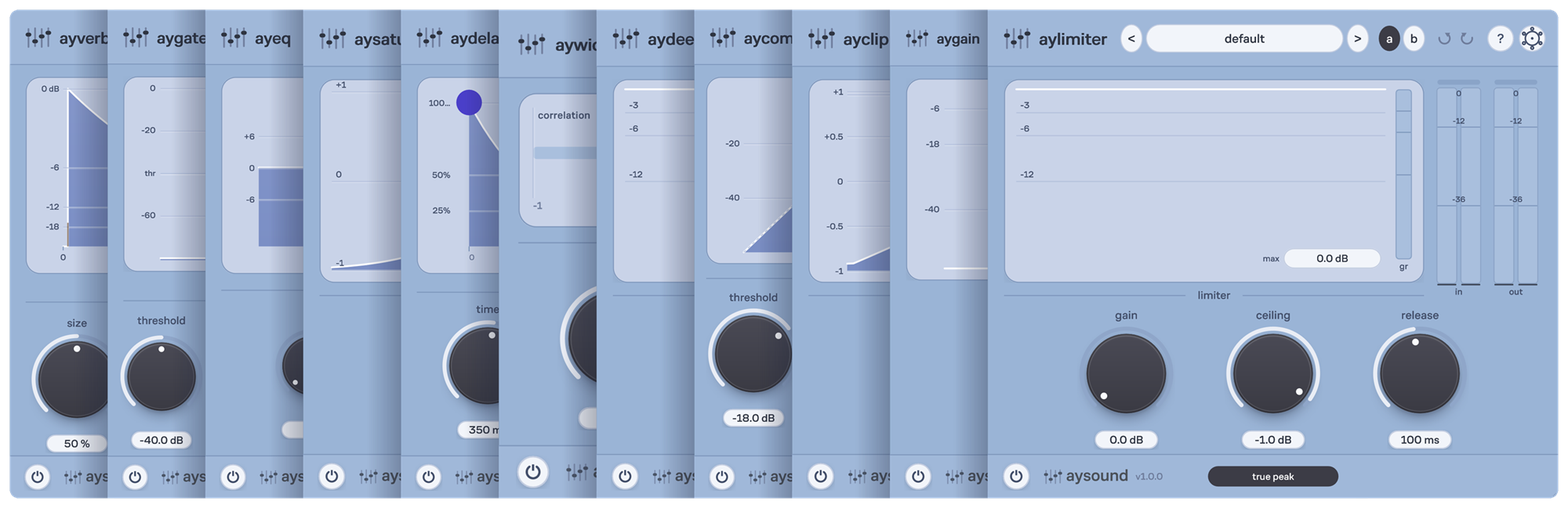 All eleven AySound plugins side by side