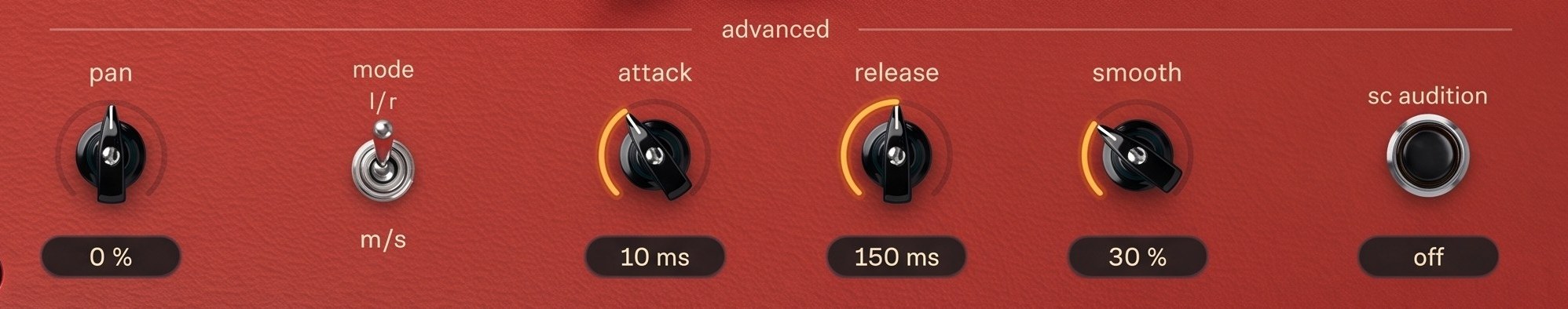 La riga advanced di YER: pan, mode, attack, release, smooth, sc audition