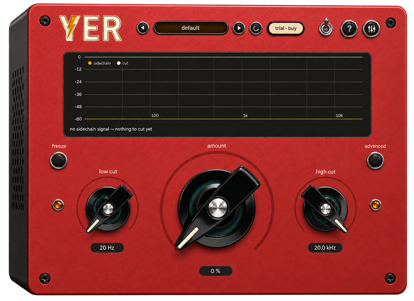 YER, the plugin: red front panel, black display, three knobs
